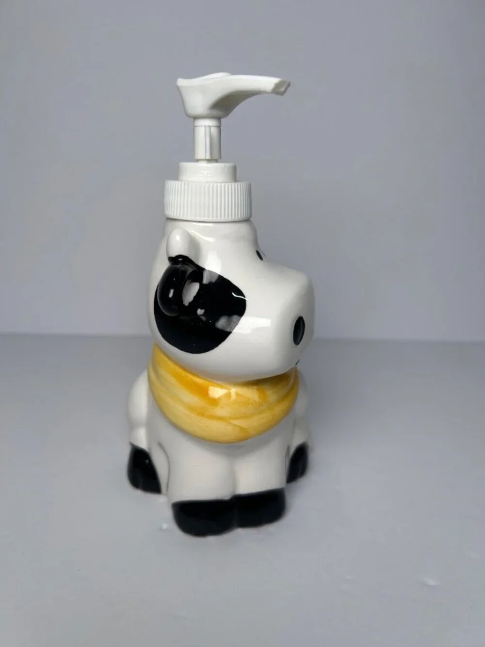 Cow Themed Ceramic Soap Dispenser Yellow Scarf Farmhouse Decor Black & White